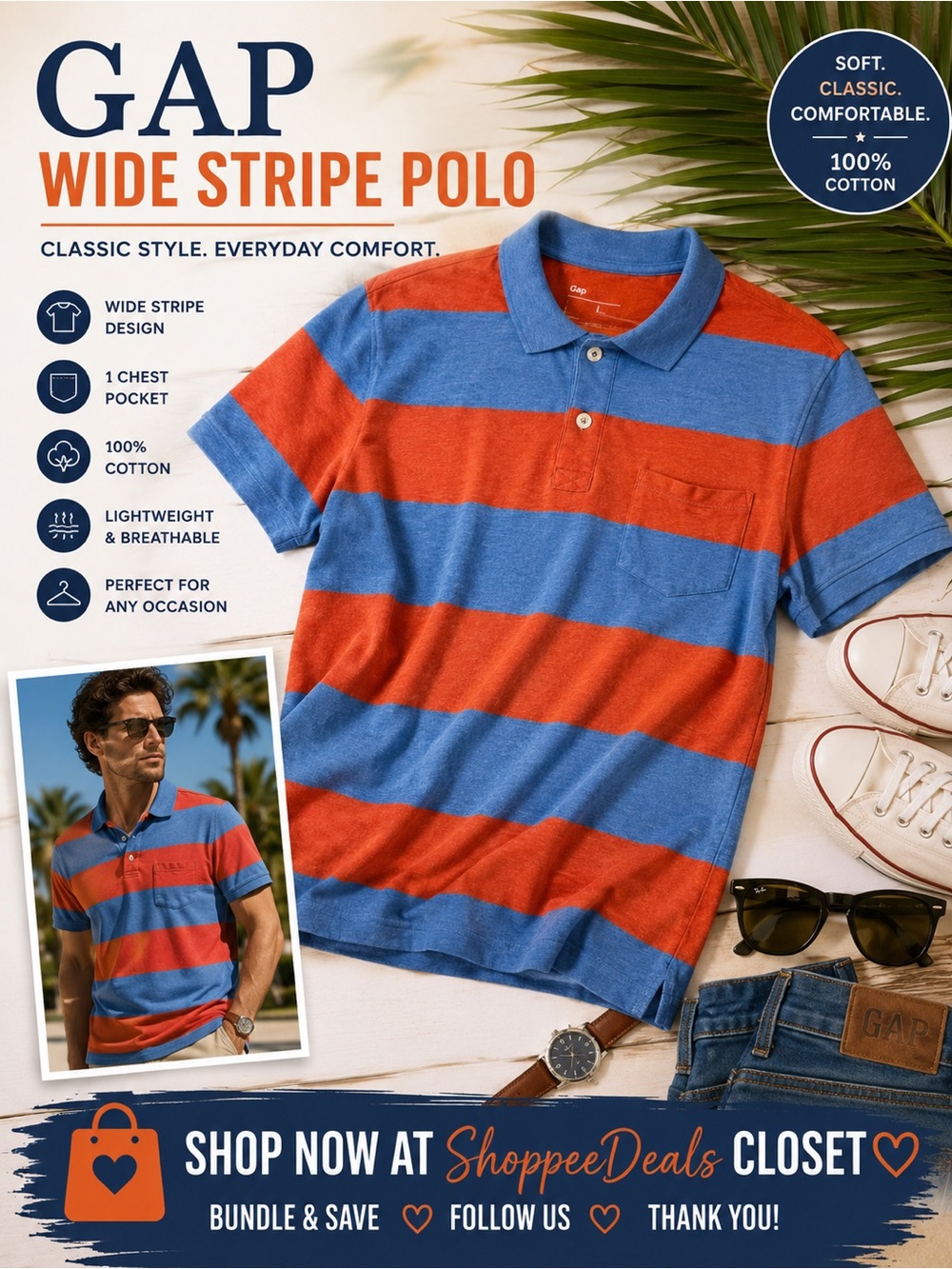 GAP Wide Stripe Polo Shirt Blue & Orange Men’s Size Large 100% Cotton